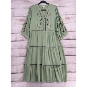 Fig + Flower Floral Embroidered Button Front Midi Dress Womens XL Light Green